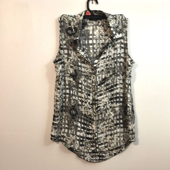 Apt. 9 | Women’s Gray & Beige Printed Chiffon Sleeveless Button Down Blouse M - Picture 1 of 7